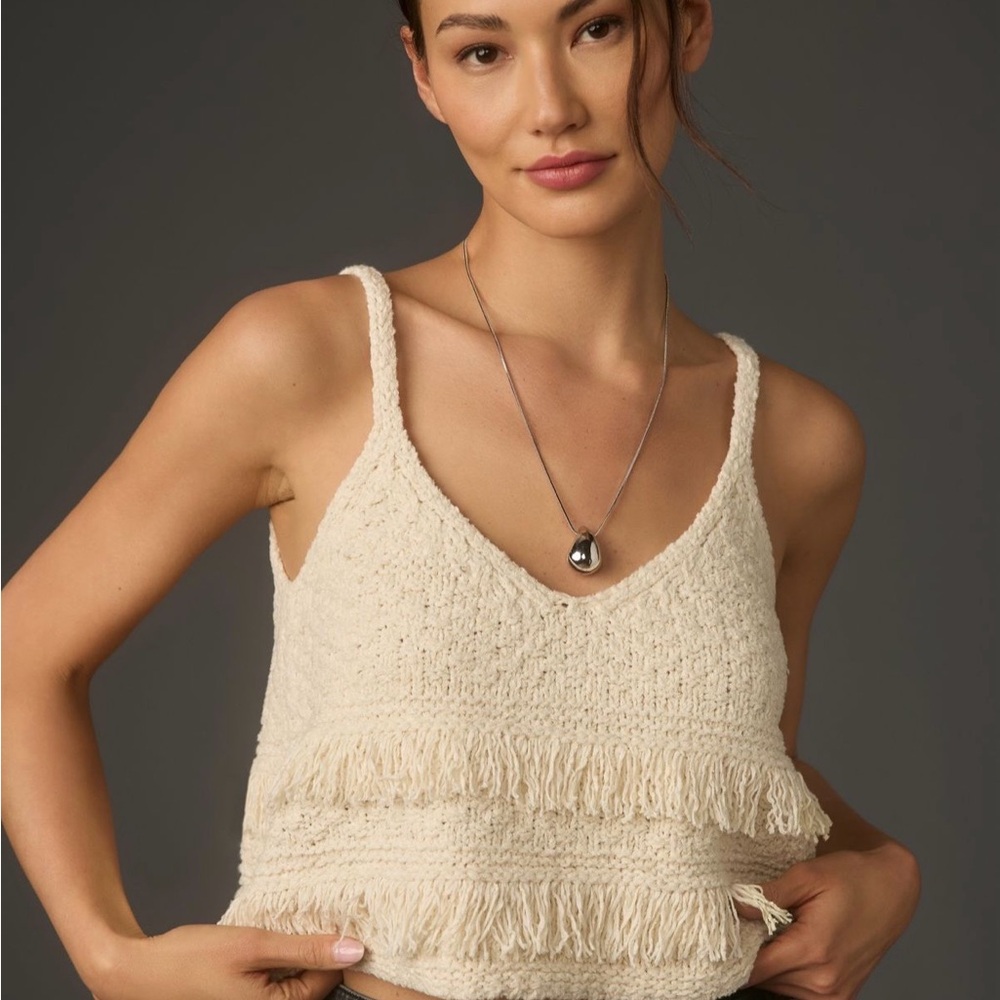 Anthropologie Cream Cropped Fringe Knit Tank